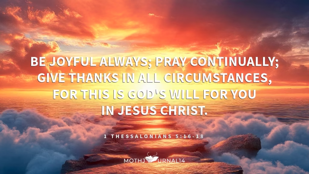 Image of a pathway at sunrise with bible verse about gratitude from 1 Thessalonians 5:16-18.