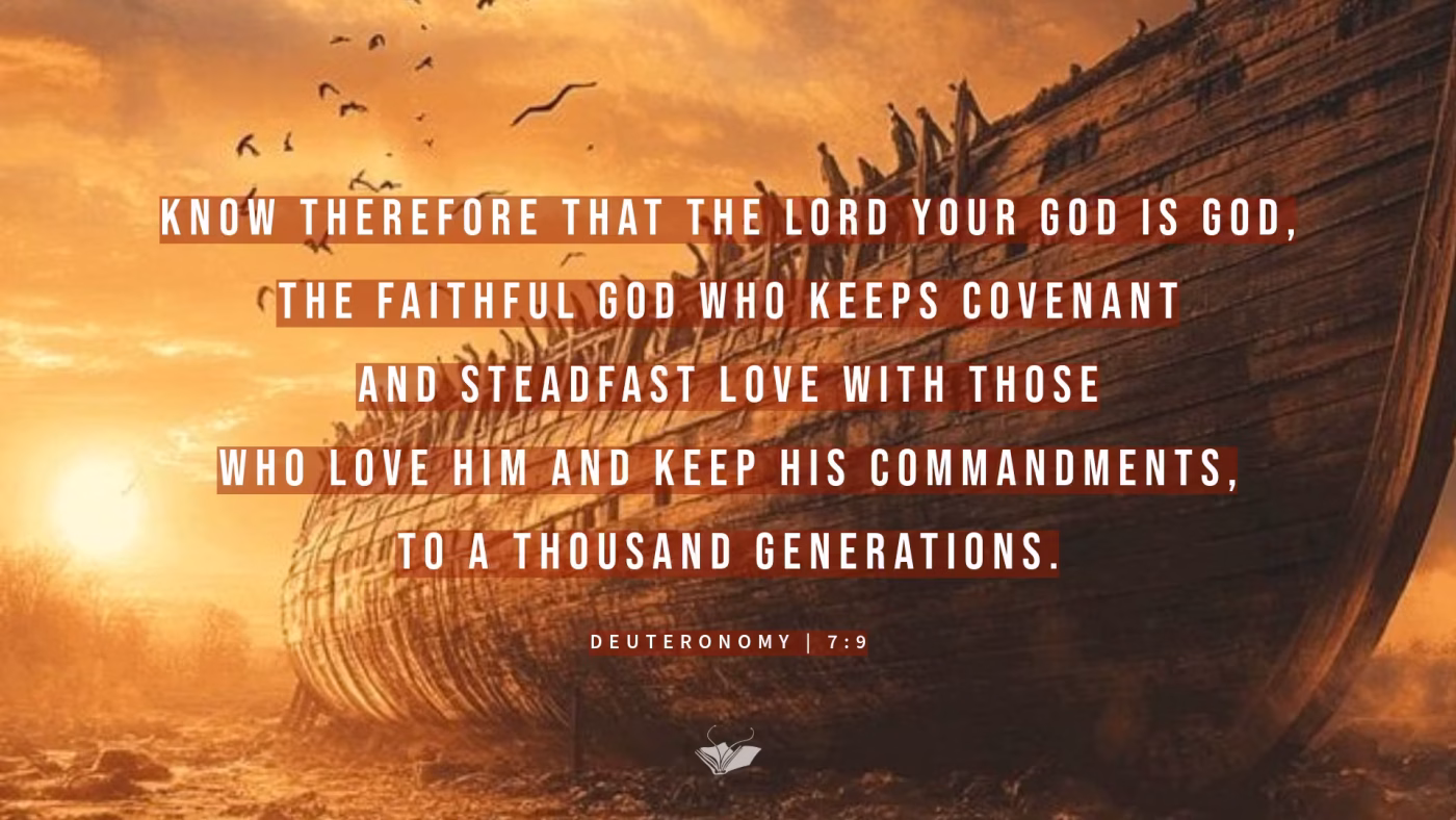 Image of Noah's Ark with dawn breaking with Bible verse from Deuteronomy 7:9 about God being faithful to His promises.